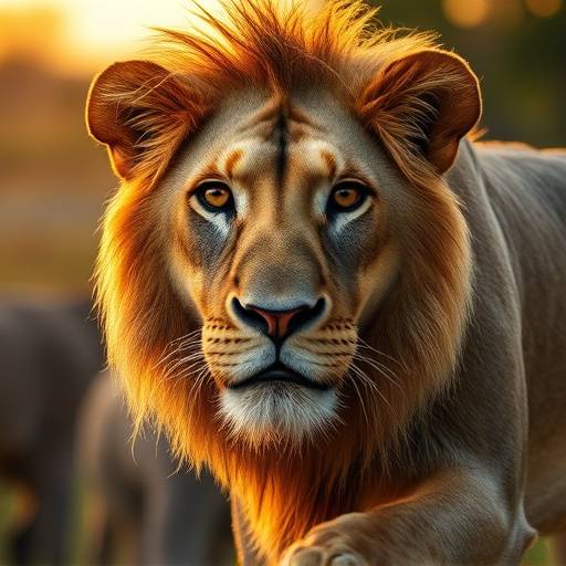 Fotografía de fauna silvestre en un safari, con un león mirando directamente a la cámara.