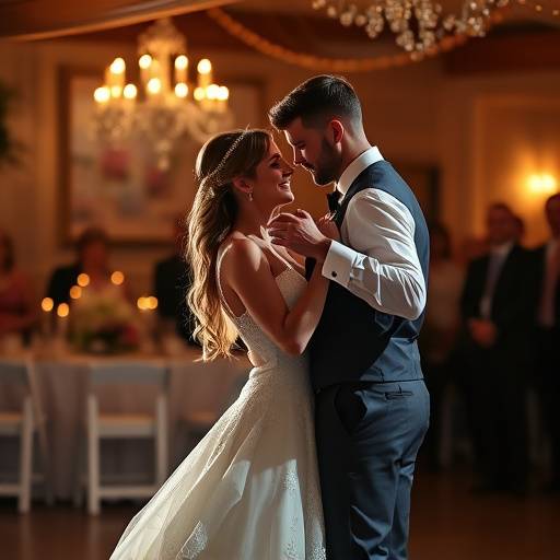 Fotografía de la novia y el novio bailando su primer baile, bajo una iluminación suave y romántica.