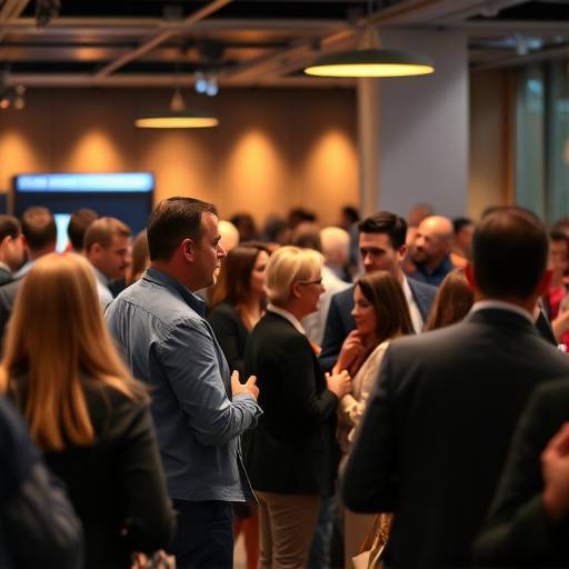 Fotografía de un evento corporativo, con personas conversando y haciendo networking en un ambiente profesional.