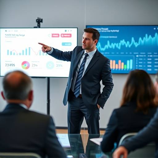 Fotografía de una presentación de negocios con un orador mostrando gráficos y datos en una pantalla.