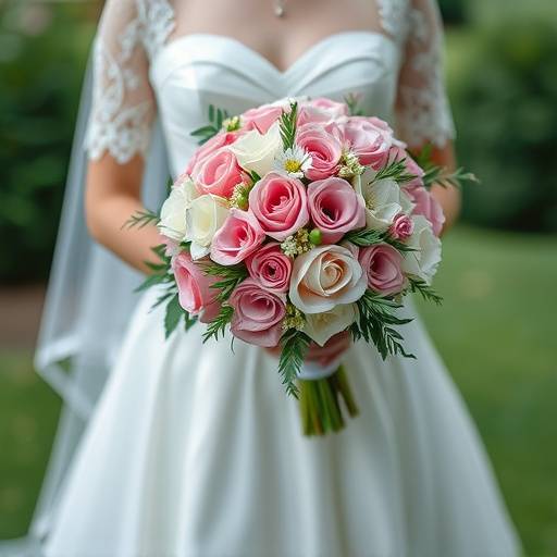 Novia sosteniendo un ramo de flores blancas y rosas, con un enfoque suave y un fondo desenfocado de vegetación.