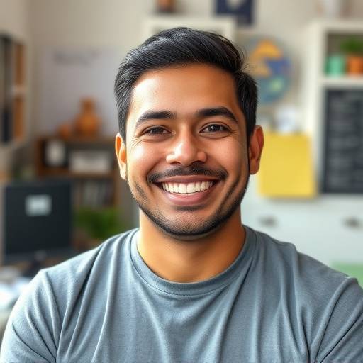 Retrato de Juan Castro, mostrando una sonrisa genuina y un ambiente de trabajo creativo.