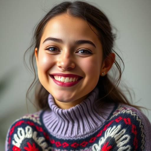 Retrato de Sofía Rodriguez, con una expresión alegre y un suéter colorido.