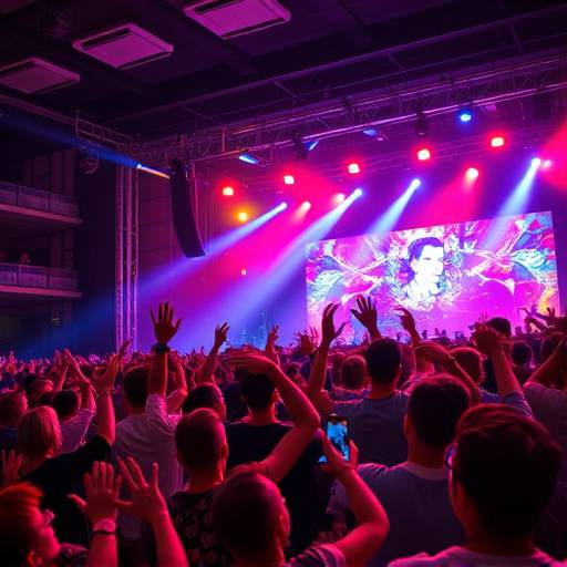 Un concierto con un público entusiasta saltando y disfrutando de la música en vivo, con luces de colores iluminando el escenario.