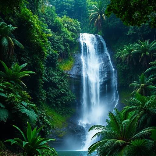 Una cascada majestuosa rodeada de vegetación exuberante en una selva tropical.