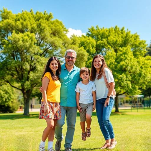 Una familia feliz posando para una foto en un parque soleado, con árboles verdes y cielo azul de fondo.